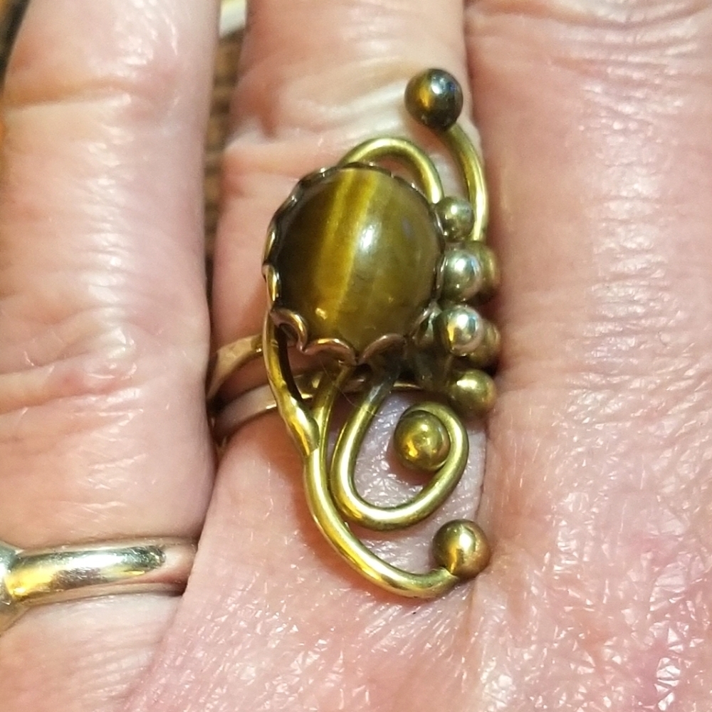 RARE Jack Boyd Brutalist Modernist Bronze Sterling Tiger's Eye Ring - Picture 2 of 10